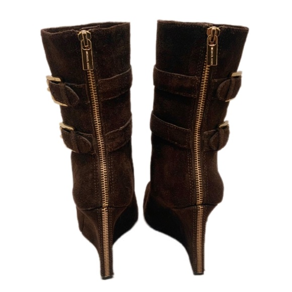 Michael Kors Parker Brown Suede Leather Wedge Bootie Exposed Zip Ankle Boots 7.5 - Picture 4 of 16